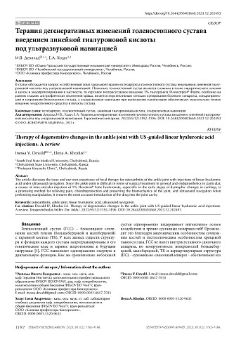 Терапия дегенеративных изменений голеностопного сустава введением линейной гиалуроновой кислоты под ультразвуковой навигацией