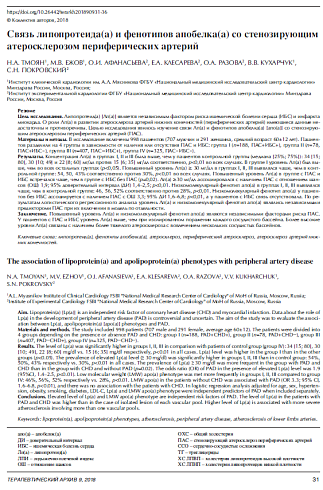 Связь липопротеида(а) и фенотипов апобелка(а) со стенозирующим атеросклерозом периферических артерий