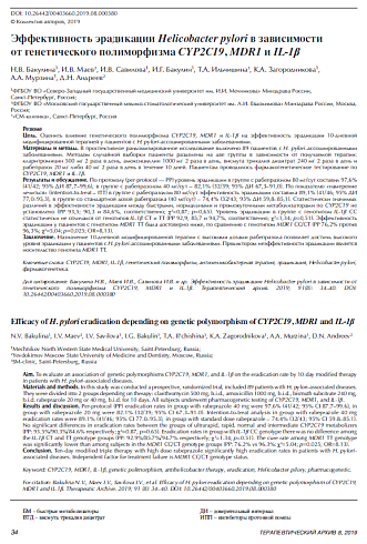 Эффективность эрадикации Helicobacter pylori в зависимости от генетического полиморфизма CYP2C19, MDR1 и IL-1β