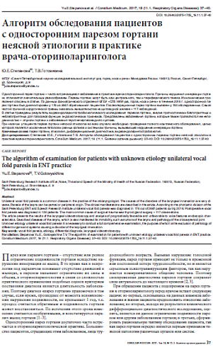 Алгоритм обследования пациентов  с односторонним парезом гортани  неясной этиологии в практике  врача-оториноларинголога