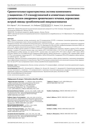 Сравнительная характеристика системы комплемента у пациентов с С3-гломерулопатией и атипичным гемолитико-уремическим синдромом хронического течения, перенесших острый эпизод тромботической микроангиопатии