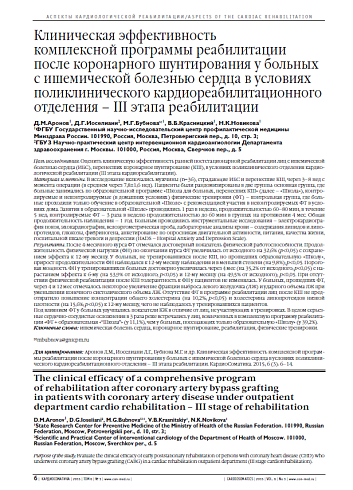 Клиническая эффективность комплексной программы реабилитации после коронарного шунтирования у больных с ишемической болезнью сердца в условиях поликлинического кардиореабилитационного отделения – III этапа реабилитации