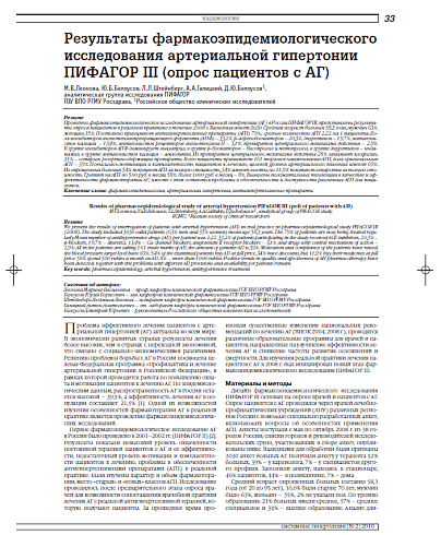 Результаты фармакоэпидемиологического исследования артериальной гипертонии ПИФАГОР III (опрос пациентов с АГ)