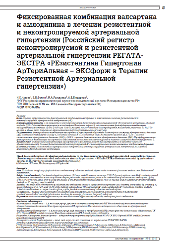 Фиксированная комбинация валсартана и амлодипина в лечении резистентной и неконтролируемой артериальной гипертензии (Российский регистр неконтролируемой и резистентной артериальной гипертензии РЕГАТА-ЭКСТРА «РЕзистентная Гипертония АрТериАльная – ЭКСфорж 