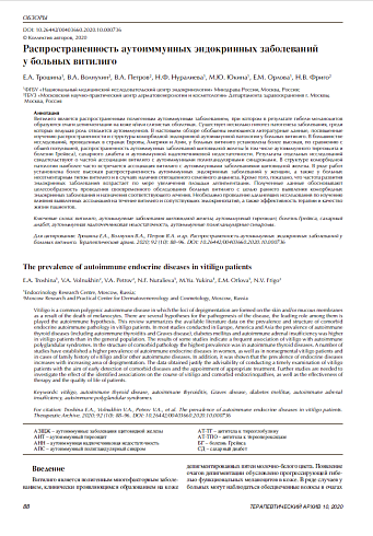 Распространенность аутоиммунных эндокринных заболеваний  у больных витилиго