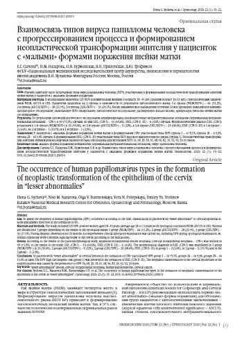Взаимосвязь типов вируса папилломы человека  с прогрессированием процесса и формированием неопластической трансформации эпителия у пациенток с «малыми» формами поражения шейки матки