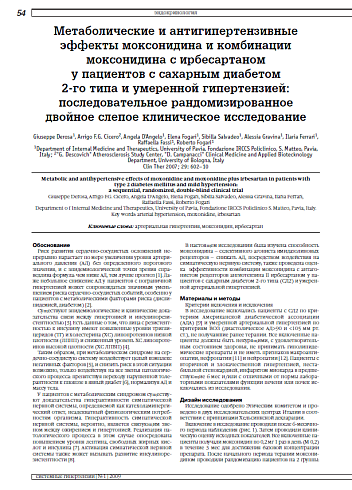 Метаболические и антигипертензивные эффекты моксонидина и комбинации моксонидина с ирбесартаном у пациентов с сахарным диабетом 2-го типа и умеренной гипертензией: последовательное рандомизированное двойное слепое клиническое исследование