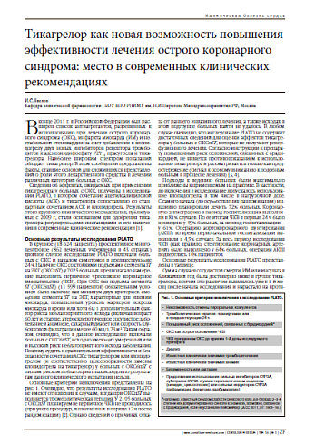 Тикагрелор как новая возможность повышения эффективности лечения острого коронарного синдрома: место в современных клинических рекомендациях