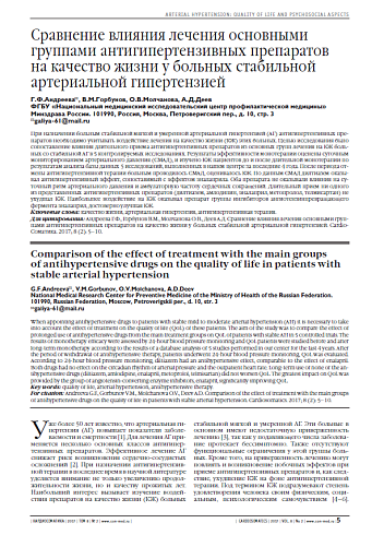 Сравнение влияния лечения основными группами антигипертензивных препаратов на качество жизни у больных стабильной артериальной гипертензией