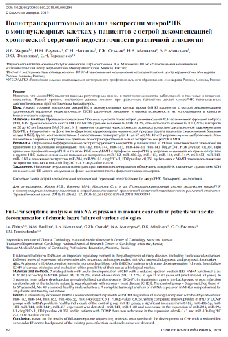 Полнотранскриптомный анализ экспрессии микроРНК в мононуклеарных клетках у пациентов с острой декомпенсацией хронической сердечной недостаточности различной этиологии