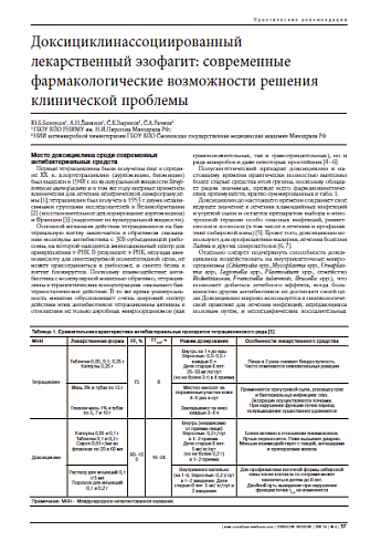 Доксициклинассоциированный лекарственный эзофагит: современные фармакологические возможности решения клинической проблемы