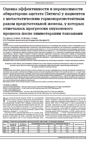 Оценка эффективности и переносимости абиратерона ацетата (Зитига) у пациентов с метастатическим гормонорезистентным раком предстательной железы, у которых отмечалась прогрессия опухолевого процесса после химиотерапии таксанами