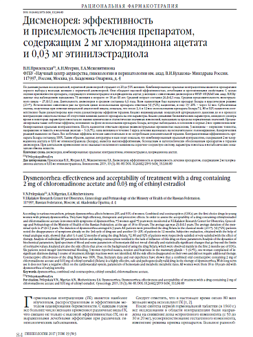 Дисменорея: эффективность  и приемлемость лечения препаратом, содержащим 2 мг хлормадинона ацетата  и 0,03 мг этинилэстрадиола