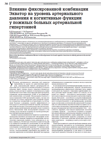 Влияние фиксированной комбинации Экватор на уровень артериального давления и когнитивные функции у пожилых больных артериальной гипертонией