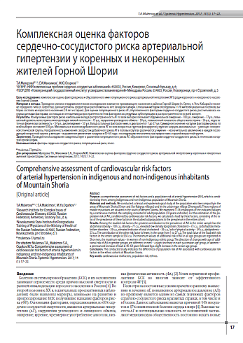 Комплексная оценка факторов  сердечно-сосудистого риска артериальной гипертензии у коренных и некоренных  жителей Горной Шории