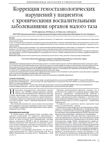 Коррекция гемостазиологических нарушений у пациенток  с хроническими воспалительными заболеваниями органов малого таза