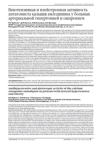 Гипотензивная и плейотропная активность антагониста кальция амлодипина у больных артериальной гипертонией и ожирением