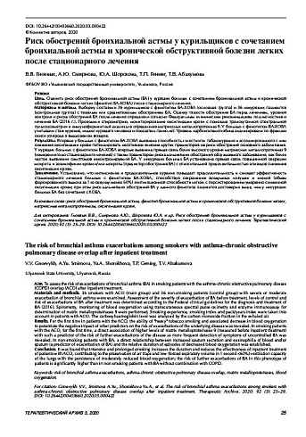 Риск обострений бронхиальной астмы у курильщиков с сочетанием бронхиальной астмы и хронической обструктивной болезни легких после стационарного лечения