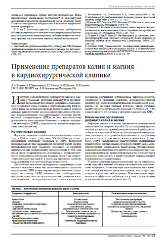 Применение препаратов калия и магния  в кардиохирургической клинике