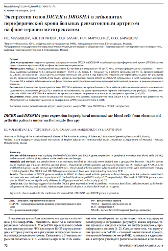 Экспрессия генов DICER и DROSHA в лейкоцитах  периферической крови больных ревматоидным артритом  на фоне терапии метотрексатом
