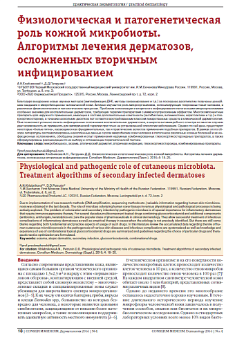 Физиологическая и патогенетическая роль кожной микробиоты. Алгоритмы лечения дерматозов, осложненных вторичным инфицированием