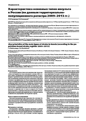 Характеристика основных типов инсульта  в России (по данным территориально-популяционного регистра 2009–2013 гг.)