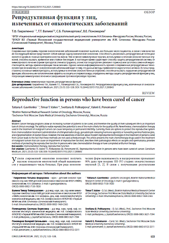 Репродуктивная функция у лиц, излеченных от онкологических заболеваний