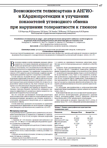 Возможности телмисартана в АНГИО- и КАрдиопротекции и улучшении показателей углеводного обмена при нарушении толерантности к глюкозе