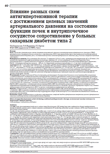 Влияние разных схем антигипертензивной терапии с достижением целевых значений артериального давления на состояние функции почек и внутрипочечное сосудистое сопротивление у больных сахарным диабетом типа 2