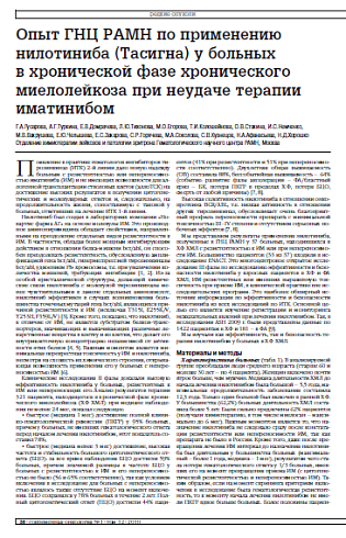 Опыт ГНЦ РАМН по применению нилотиниба (Тасигна) у больных в хронической фазе хронического миелолейкоза при неудаче терапии иматинибом