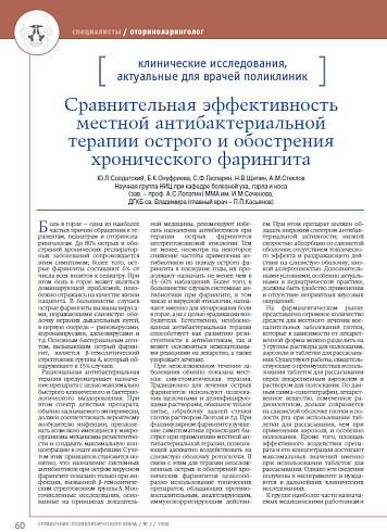 Сравнительная эффективность местной антибактериальной терапии острого и обострения хронического фарингита