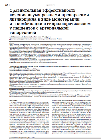 Сравнительная эффективность лечения двумя разными препаратами лизиноприла в виде монотерапии и в комбинации с гидрохлоротиазидом у пациентов с артериальной гипертонией