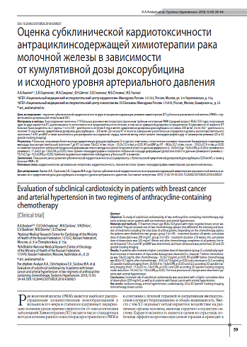 Оценка субклинической кардиотоксичности антрациклинсодержащей химиотерапии рака молочной железы в зависимости от кумулятивной дозы доксорубицина и исходного уровня артериального давления