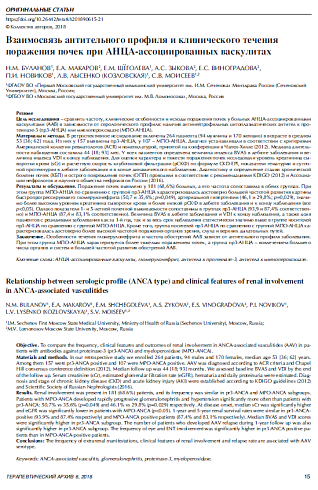 Взаимосвязь антительного профиля и клинического течения  поражения почек при АНЦА-ассоциированных васкулитах