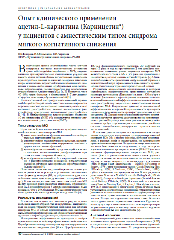 Опыт клинического применения  ацетил-L-карнитина (Карницетин®)  у пациентов с амнестическим типом синдрома мягкого когнитивного снижения