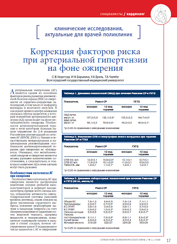 Коррекция факторов риска при артериальной гипертензии на фоне ожирения