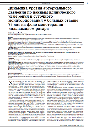 Динамика уровня артериального давления по данным клинического измерения и суточного мониторирования у больных старше 75 лет на фоне монотерапии индапамидом ретард