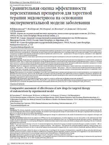 Сравнительная оценка эффективности перспективных препаратов для таргетной терапии эндометриоза на основании экспериментальной модели заболевания
